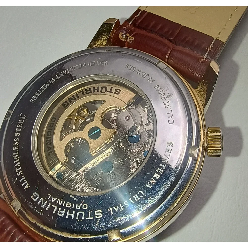 Stuhrling Delphi Oracle 107BG Automatic 44mm Skeleton Watch Gold toned Leather - Picture 12 of 16